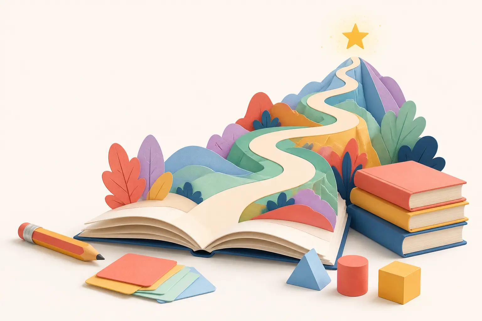 A colourful paper-cut learning landscape rising from an open book towards a star